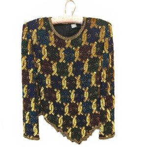 Vintage Silk Sequin Beaded Long Sleeve Blouse Oleg Cassini Evening Sz Small